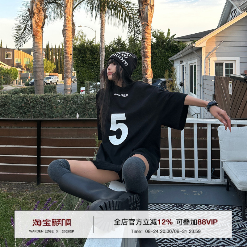 Han Hao Tian Warden Edge Black Printed Loose T-Shirt for Women, Summer Hot Girl Style, Loose and Lazy Style Short-Sleeved Top