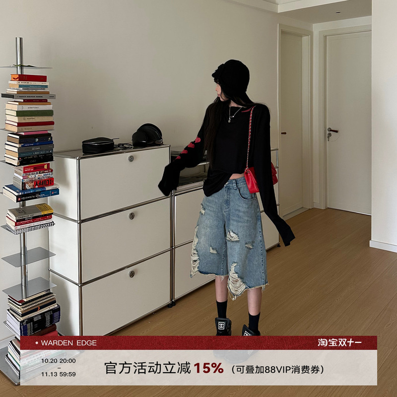 Korean Sweet Warden Edge Denim Rebel Blue Washed Ripped Denim Mid-Length Pants Hot Girl Low-Waist Wide-Leg Pants