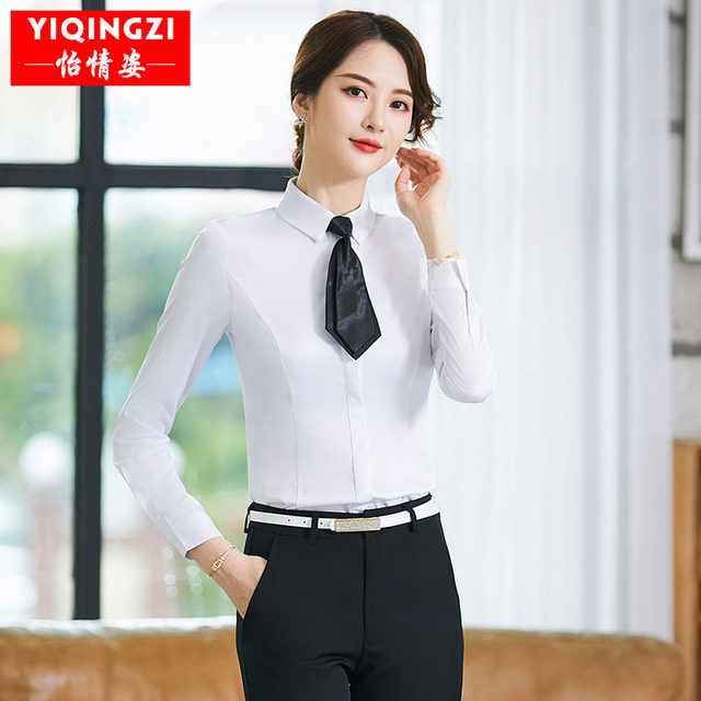 Hidden button pure white shirt women's long-sleeved spring and autumn professional dress slimming shirt suit with bottoming shirt