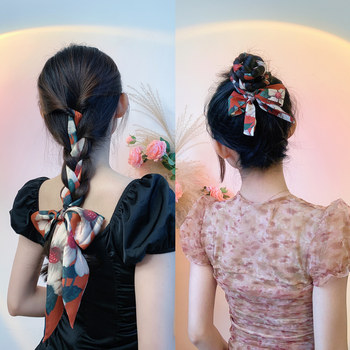 Forbidden City hawthorn red retro French bow silk scarf senior hair band female braided long streamer Korean version of the hair