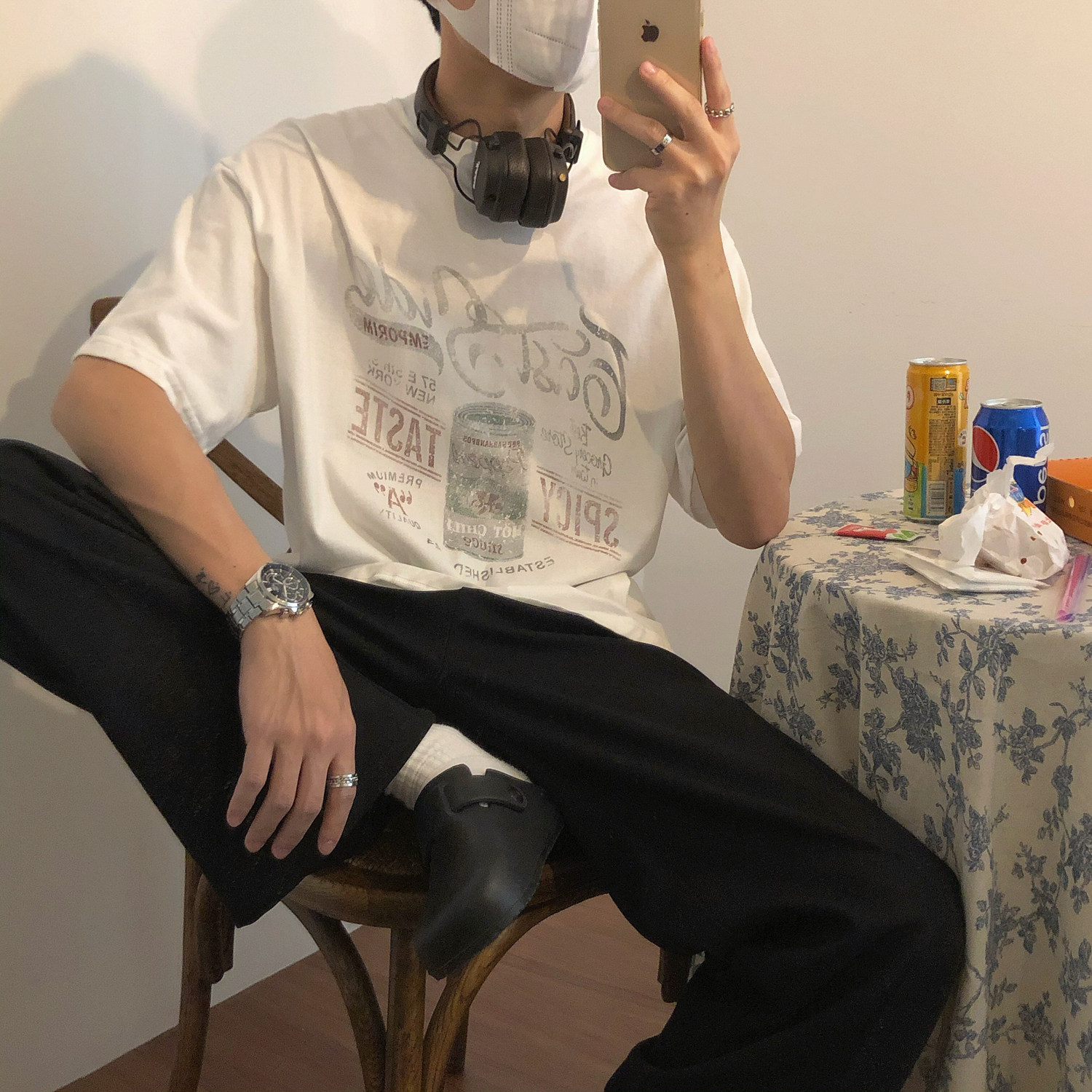 19studio summer short-sleeved t-shirt men ins wild trend loose retro old cotton print couple top