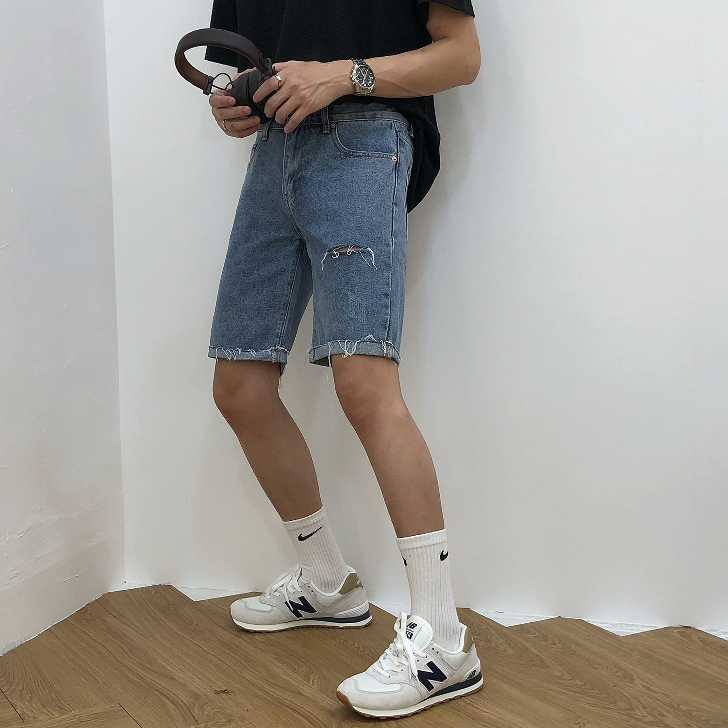 19studio summer Korean version of shorts men trend retro hole flanging casual straight loose jeans men