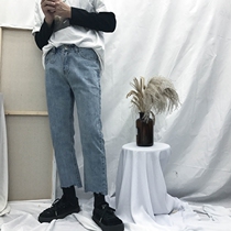  South Korea ulzzang simple ring couple nine-point pants wide-leg burrs loose straight pants jeans men and women tide