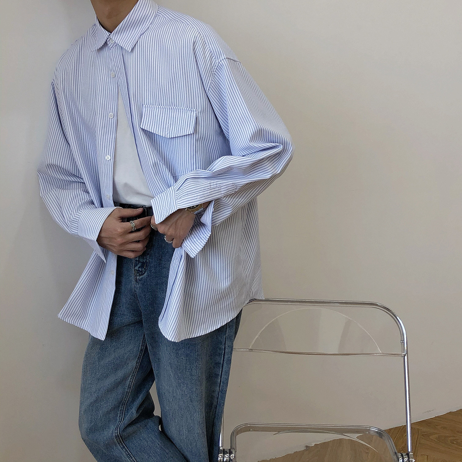 19studio South Korea ins Dongdaemun long-sleeved shirt jacket trend wild casual loose striped shirt men