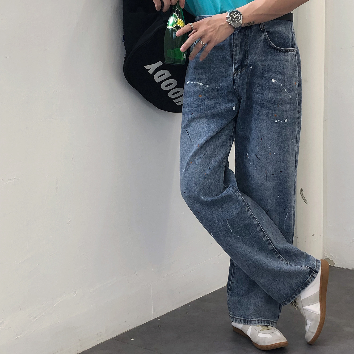 19studio Korean version of ink splashing trousers retro wild street ins trend casual straight loose jeans men