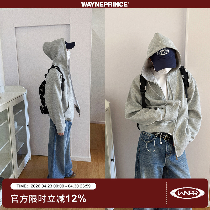 19Studio Wayneprince American Style Solid Color Hooded Cardigan Hoodie Zipper Loose Short Top