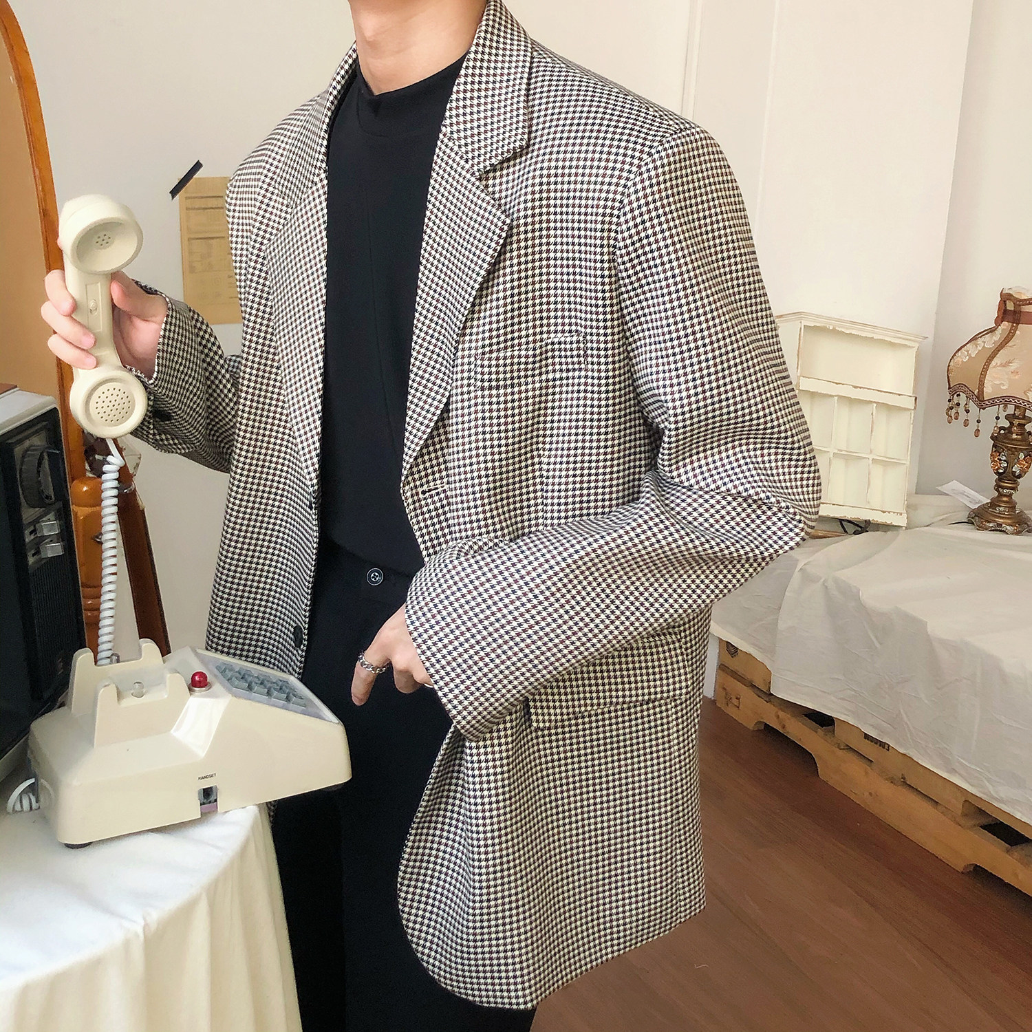 19studio houndstooth Korean version of the suit retro trend handsome thin loose casual blazer for men and women