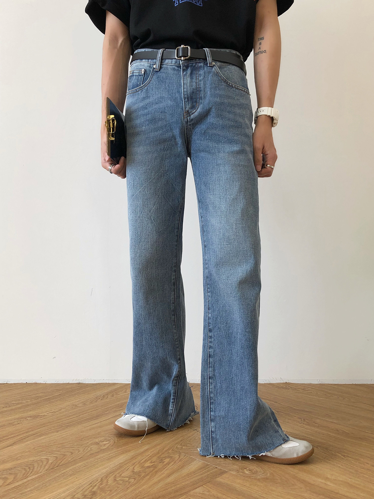 19studio vintage mopping pants wide leg washed Korean version high waist loose straight burr slit jeans men