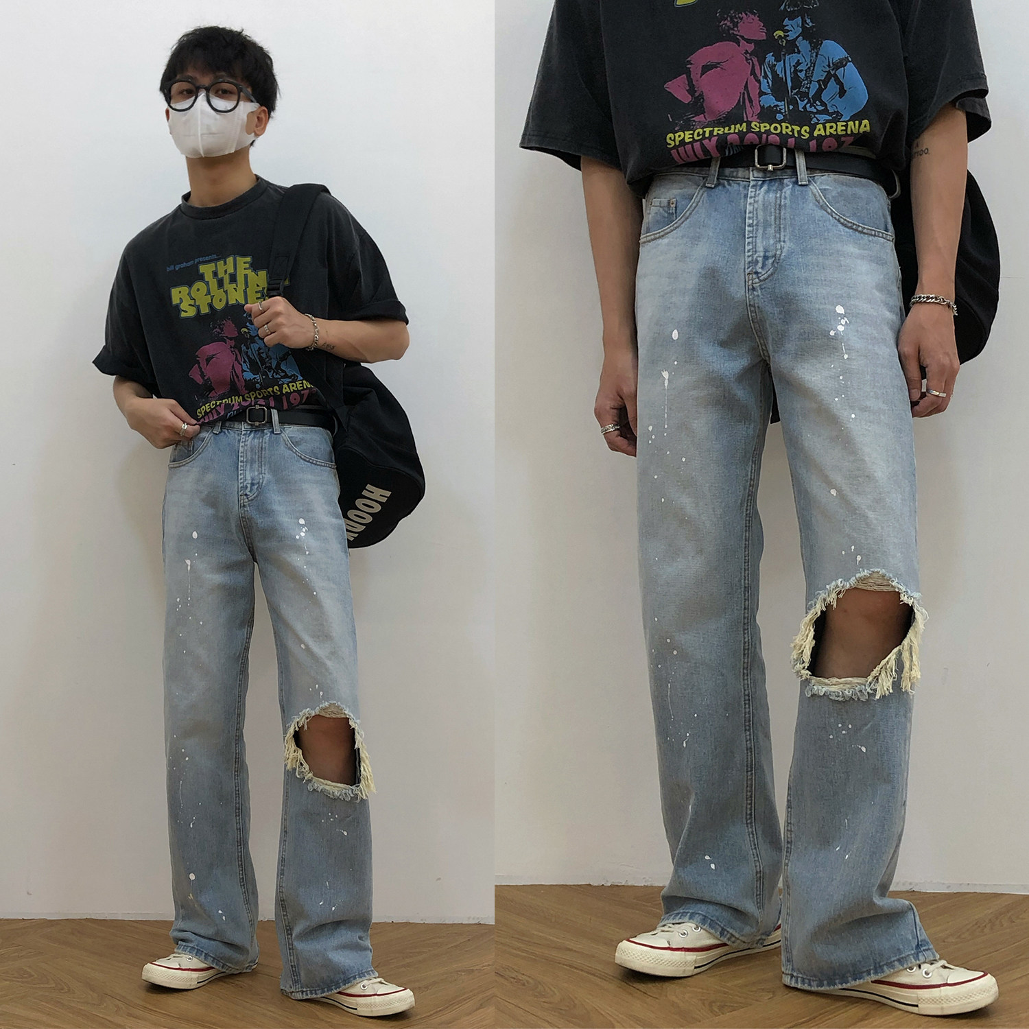19studio ink splashing hole mopping pants trend washed old vintage trousers straight loose jeans men