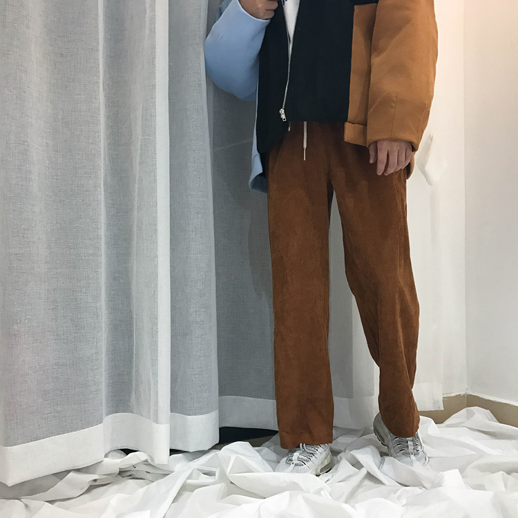 Hàn Quốc ulzzang retro Quần yếm Nhật Bản quần nhung kẻ rộng thẳng thường quần rộng chân quần nam và nữ quần jogger nam