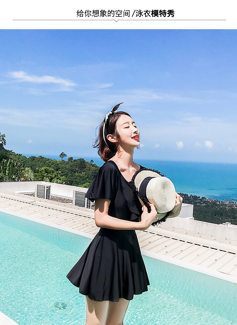 Áo tắm nữ Xiêm Boxer che bụng mỏng Váy bảo tồn Kích thước lớn Lượm lượm Sexy Hàn Quốc Spa 2018 Mới Đen đồ bơi liền thân dài tay