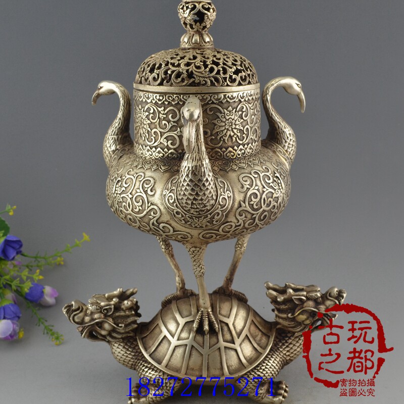 Hot - selling brass silver copper - plated copper - plated antique decoration gifts Antique - playing collection of turtle crane aroma furnace home