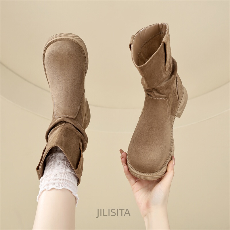 2026 Autumn/Winter New Style Pleated Non-Slip Slouch Boots for Women, Mid-Calf Short Boots, Comfortable, Fashionable, Warm, Slimming, Round Toe, Large Size 2026 Autumn/Winter New Style Pleated Non-Slip Slouch Boots for Women, Mid-Calf Short Boots, Comfortable, Fashionable, Warm, Slimming, Round Toe, Large Size