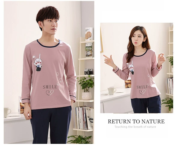 Bộ đồ ngủ mùa xuân và mùa thu cotton tay dài mùa thu và mùa đông Hàn Quốc Bộ mùa thu nam và nữ đồ ngủ nữ