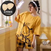 Pajamas with chest pad pajamas womens summer short sleeve cotton girlfriends two-piece set summer thin cute Japanese can be worn outside