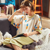 Pajamas Women Summer Short Sleeve Capri pants Korean Striped Pineapple Cotton Two Piece Set Can Go Out Cotton Home Clothes