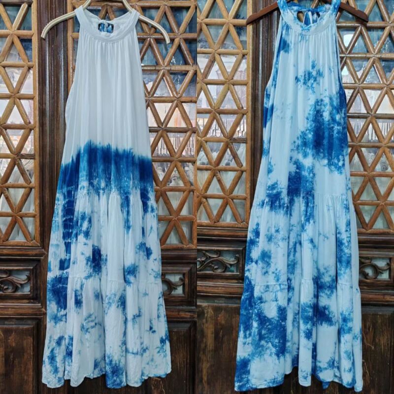 Travel Photography Tie-Dye Dress Halter Neck Belt Pure Plant Indigo Handmade Tie-Dye Blue Dye Dress Travel Photography Tie-Dye Dress Halter Neck Belt Pure Plant Indigo Handmade Tie-Dye Blue Dye Dress