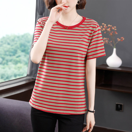 夏装短袖t恤女士纯棉中年妈妈装2025新款大码宽松遮肚子条纹上衣