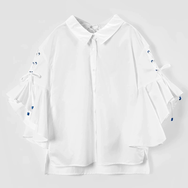 Quần áo nữ tương tự trong trung tâm mua sắm hè 2019 sản phẩm mới sừng tay áo sơ mi nữ hoang dã ren lên áo nữ A1CA72301 - Áo sơ mi