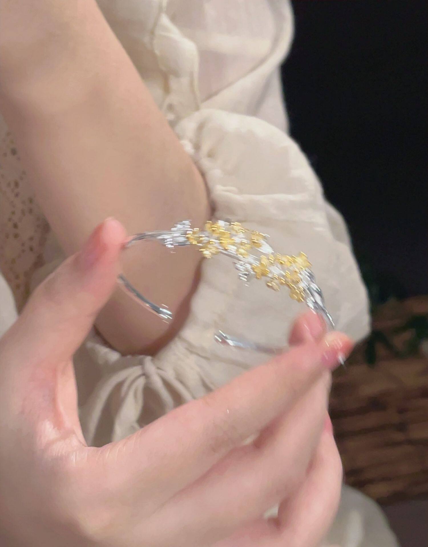 银饰手镯 楚噢chuo纯银s925银桂花月桂手镯开口可调节不掉色小众女生日礼物