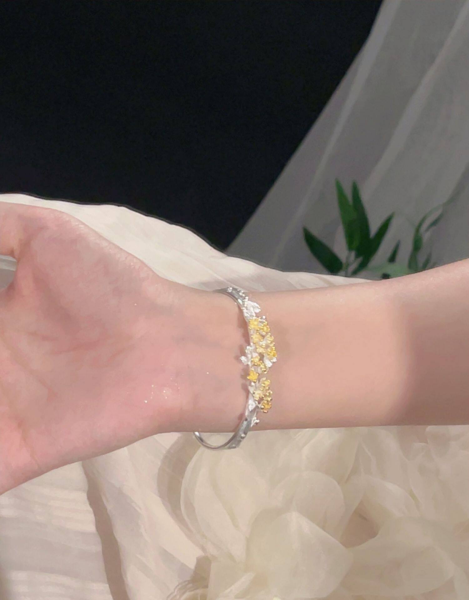 银饰手镯 楚噢chuo纯银s925银桂花月桂手镯开口可调节不掉色小众女生日礼物