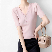 Mapping * Hong Kong light luxury womens light cooked short-sleeved T-shirt Pink Tencel V-neck commuter slim ice silk solid color knit