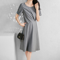 Mapping * Hong Kong light luxury slim waist womens 2021 short sleeve round neck long dress summer