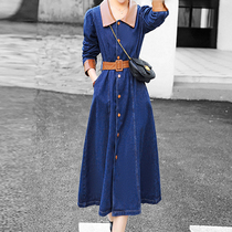 Mapping Hong Kong Light Extravagant Denim Shirt Dress Dress Woman Foreign Air Retro Port Wind Korean Version Pure Color Medium Long Dress