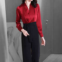 Mapping Hong Kong Light Extravagant Temperament Splicing Fake two sets of fashion V collar occupations Skinny Casual Pants