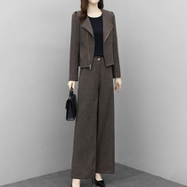 Mapping Hong Kong light luxury high-end age-reducing suit suit womens 2022 autumn and winter fashion wide-leg pants two-piece set