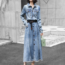 Mapping Hong Kong light luxury high-end long-sleeved denim shirt dress womens 2022 autumn and winter temperament thin skirt