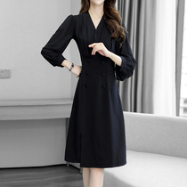 Mapping Hong Kong Light Extravagant High-end Long Sleeve V Collar Dress Dress Woman Fashion Temperament Slim Zip Pure Color Medium Long Dress