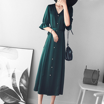 Mapping * Hong Kong Womens Fashion Temperament V-neck Short Sleeve Waist French niche Retro Dark Green Dress