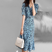 Mapping * Hong Kong light luxury womens vintage waist thin temperament print floral V collar Tea break dress women