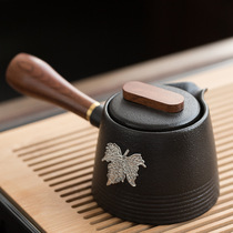 Black pottery teapot side pot single pot ceramic inlaid tin wood handle bubble teapot Japanese antique pot stone lather heat-resistant tea set