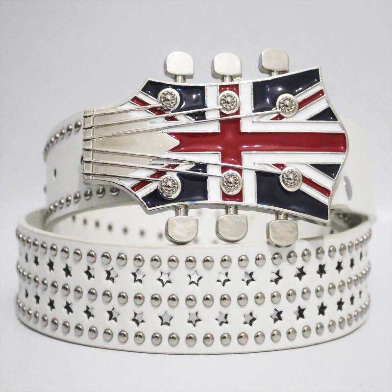 British Style Men's Belt with Unique European and American Guitar Rivets, Rock Band Performance Belt, British Style with Union Jack Design