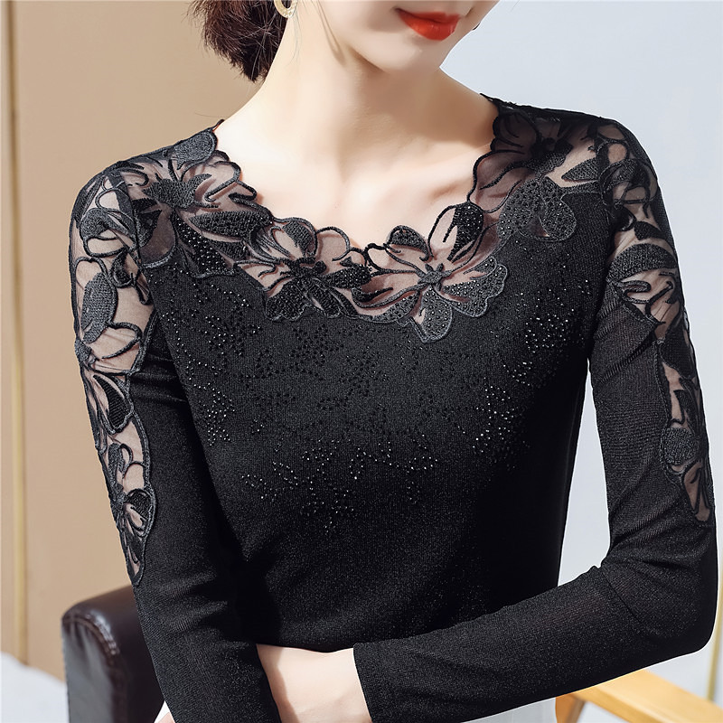 2026 Spring and Autumn New Style Low-Neck Mesh Base Shirt Women's Fashionable Thin T-Shirt Long-Sleeve Lace Top