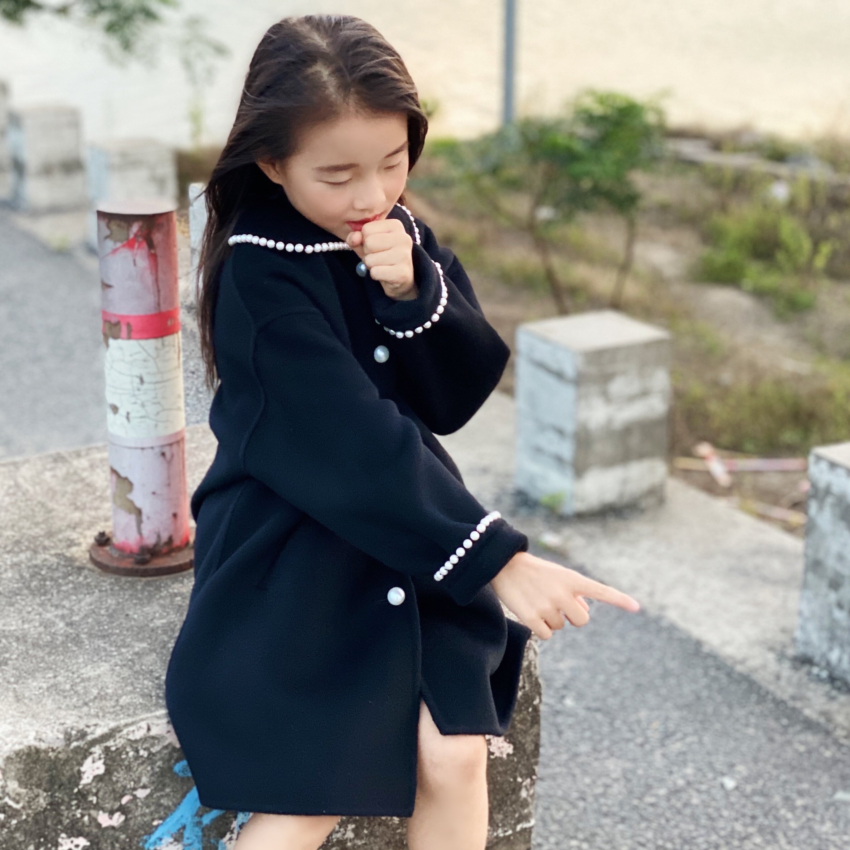 Girls' double-faced cashmere coat 2020 new autumn/winter Korean version of Western style middle school children's pearl style woolen coat