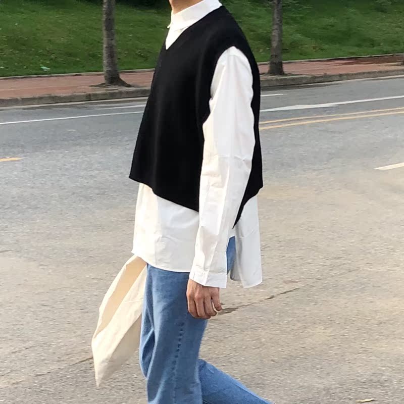 Đường dài / Han Feng chic đơn giản giản dị phiên bản Hàn Quốc của áo vest cổ chữ V ngắn màu đơn sắc cho nam và nữ áo vest nam