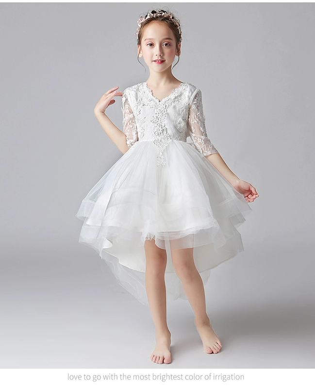 Đầm trẻ em ăn tối công chúa phồng váy hoa trắng cô gái ăn mặc mùa đông đàn piano biểu diễn trang phục biểu diễn - Váy trẻ em