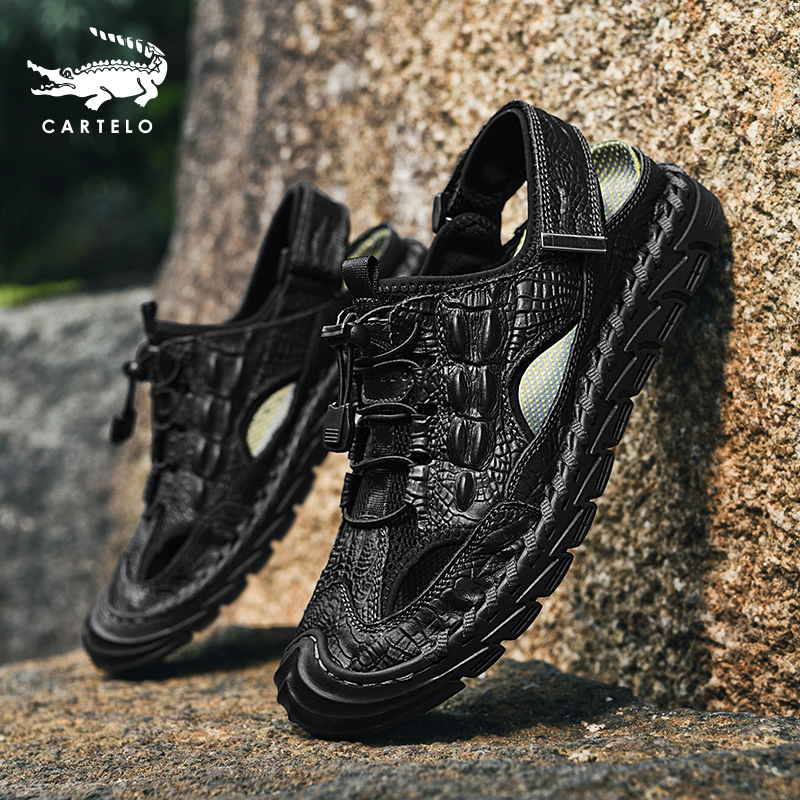 Crocodile Print Head Sandal Sandals Men Casual Outwear Genuine Leather Beach Shoe Tide Summer Head Layer Bull Leather Men Non-slip Leather Sandals