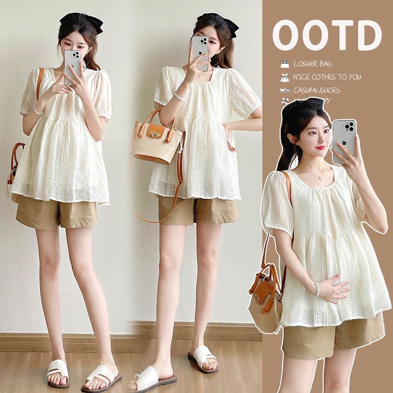 Pregnant Women's New Summer Style, Fresh and Loose, Slimming and Fashionable Chiffon Embroidered Babydoll Shirt, Versatile and Age-Reducing Top during Pregnancy