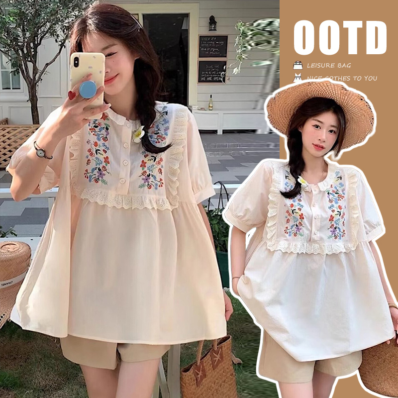 Maternity Tops, French Style Gentle Lace Embroidered Shirts, Women's Summer Loose Babydoll Shirts, Puff Short-Sleeved Maternity Clothes