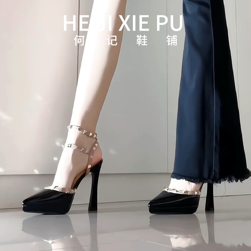New Black Studded Stiletto Platform Sandals High Heels Sexy High-End French Style Sexy High Heels for Women