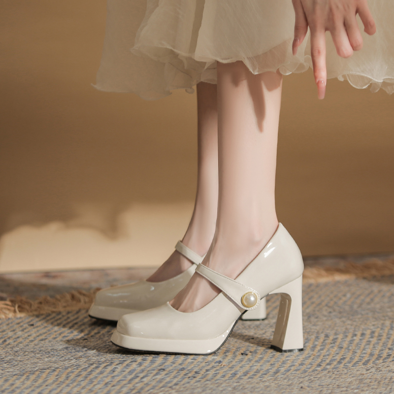 French Mary Jane Shoes for Women, Super Beautiful New Autumn High-Heeled Chunky Heel Single Shoes, Height-Increasing Thick-Soled White Wedding Shoes for Petite Women