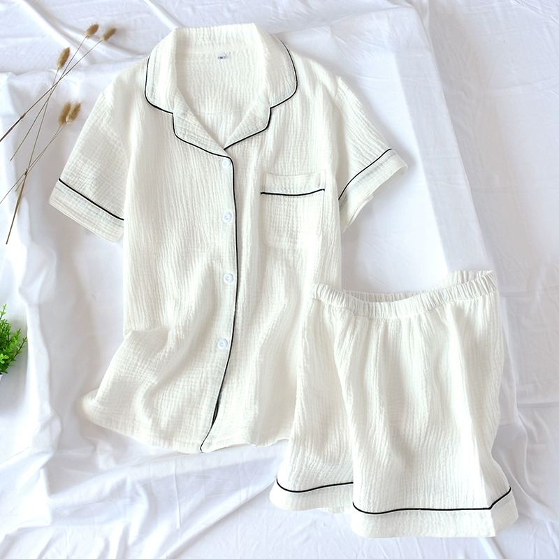 Phụ nữ cotton ngắn tay dịch vụ tại nhà kích thước lớn bộ đồ hai mảnh giặt kết cấu crepe gạc màu rắn đồ ngủ dễ thương tươi - Bộ Pajama