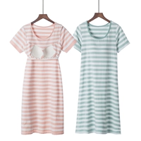Mùa hè cotton modal sọc ngực pad ngắn tay áo ngủ miễn phí áo ngực mỏng phần rộng kích thước lớn nhà đầm nữ đầm mặc nhà thoải mái