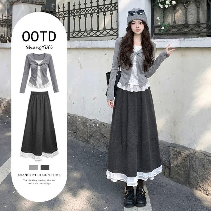 Fashion Suit for Women, Autum 2026 New Style, Preppy Style Fake Two-Piece Long-Sleeved T-Shirt Top, Women's Skirt Two-Piece Set Fashion Suit for Women, Autum 2026 New Style, Preppy Style Fake Two-Piece Long-Sleeved T-Shirt Top, Women's Skirt Two-Piece Set