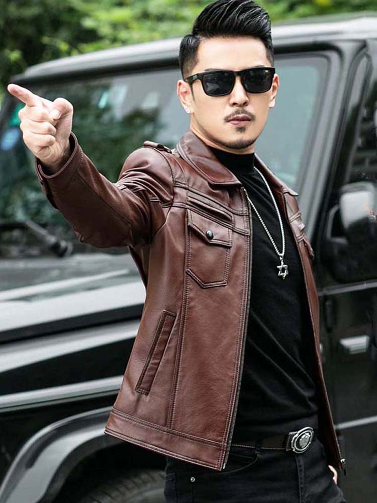 2021 autumn and winter new leather men's leather sheepskin motorcycle short lapel men's leather jacket casual jacket tide
