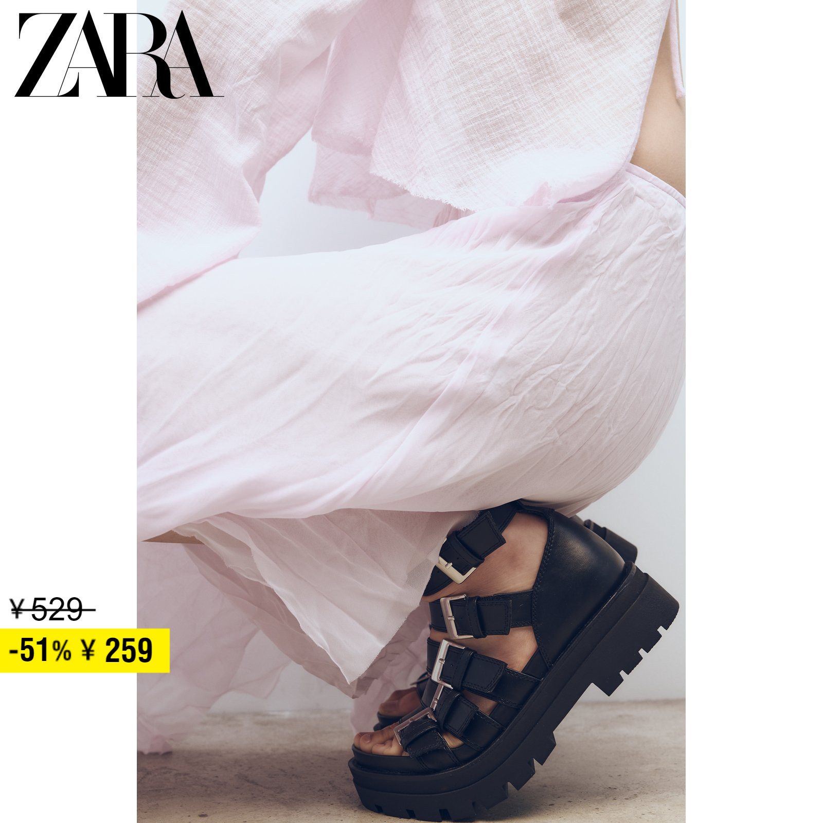ZARA Discount Season Women Shoes Black Buckle Accessories Thick Bottom Pig Cage Shoes Flat Bottom Sandals 1612210800-Taobao